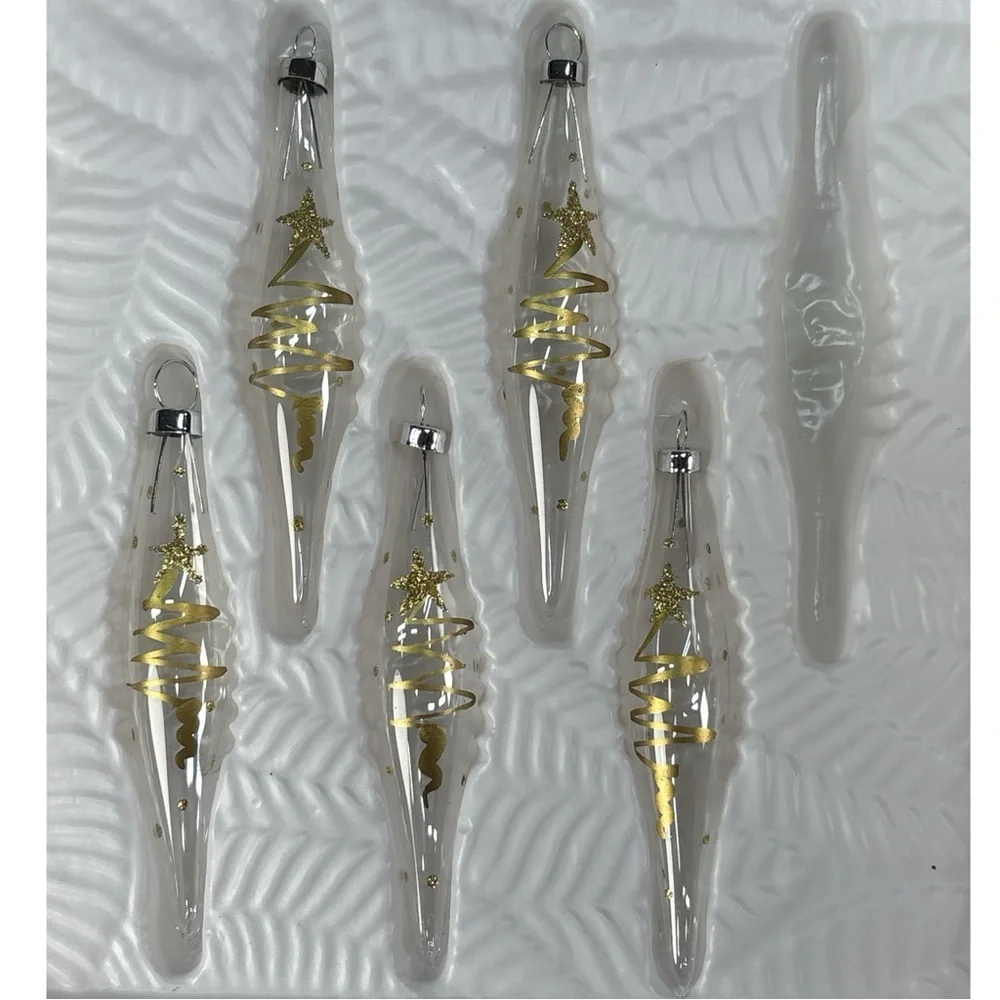 11 Vtg Holiday Time Christmas Torpedo Glass Ornaments Clear & Frosted Gold